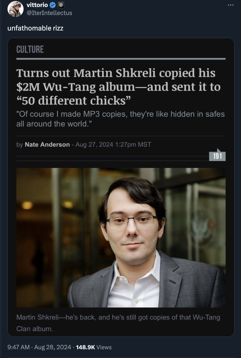 martin shkreli epipen - vittorio # IterIntellectus unfathomable rizz Culture Turns out Martin Shkreli copied his $2M WuTang albumand sent it to "50 different chicks" "Of course I made MP3 copies, they're hidden in safes all around the world." by Nate Ande